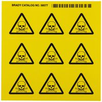 Brady 58577 Pressure Sensitive Vinyl Right-To-Know Pictogram Labels , Black On Yellow,  1 1/2" Height x 1 1/2" Width,  Pictogram "Poison" (9 Per Card,  1 Card per Package)