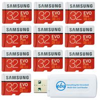 Samsung 32GB Evo Plus MicroSD Card (10 Pack EVO+ Bundle) Class 10 SDHC Memory Card with Adapter (MB-MC32G) with (1) Everything But Stromboli (TM) Micro & SD Card Reader