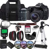 Canon EOS 80D Digital SLR Camera w/EF-S 18-55mm f/3.5-5.6 is STM Lens, 64GB Memory, TTL Bounce Flash, Canon Case,Tripod, Auxilary Lenses, Filter Kit, Professional Accessory Bundle