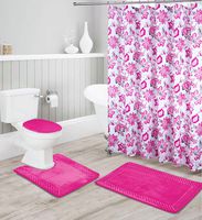 Luxury Home Collection 16 Piece Embossed Memory Foam Non-Slip Bathroom Rug Set Includes Bath Rug Mat, Contour Mat, Toilet Lid Cover, Shower Curtain, and 12 Metal Roller Hooks (Hot Pink)