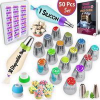 RFAQK - 50 Pcs Russian Piping Tips Set- 15 Numbered, Easy to Use Icing Nozzles - 2 Leaf Tips - 2 Couplers -30 Icing Bags -1 Pastry Bag- Pattern Chart,E.Book User Guide, cupcake decorating Kit supplies