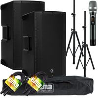 Mackie Thump12A-1300W 12" Powered Loudspeakers Bundle Steel Speaker Stand & Bag + Wireless Microphone and (2) EMB XLR THUMP12A(Pair)+SS/Cable/MIC