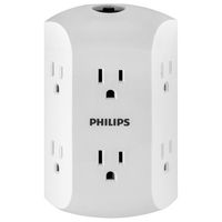 PHILIPS 6 Outlet Wall Charger, Resettable Circuit Breaker, Grounded, Multi Outlet, Side Access, Space Saving Design, Wall Tap, White, SPS1460WA/37