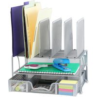 SimpleHouseware Mesh Desk Organizer with Sliding Drawer, Double Tray and 5 Upright Sections, Silver