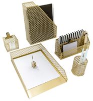 Blu Monaco 5 Piece Cute Gold Desk Organizer Set - Desk Organizers and Accessories for Women - Cute Office Gold Desk Accessories - Desktop Organization