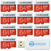 Samsung 64GB Evo Plus MicroSD Card (10 Pack EVO+ Bundle) Class 10 SDXC Memory Card with Adapter (MB-MC64G) with (1) Everything But Stromboli (TM) Micro & SD Card Reader