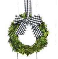 Small Mini Preserved Boxwood Wreath for Spring, Summer, Everyday w/Black & White Taffeta Gingham Check Ribbon & Bow for Farmhouse Home Decor, Farmhouse Style, Gift, Handmade, Choose 6 or 8 Inch