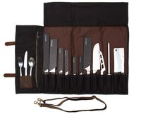 ExecuChef Waxed Canvas Knife Roll | 15 Knife Slots, Card Holder and a Large Zippered Pocket | Genuine Top Grain Leather, Cloth and Brass Buckles | For Professional Chefs and Culinary Students (Black)