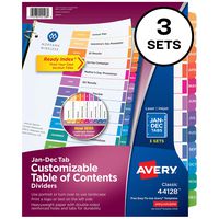 Avery 12-Tab Dividers for 3 Ring Binders, Customizable Table of Contents, Multicolor Tabs, 3 Sets (44128)