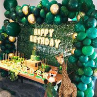Jungle Theme Party Supplies:143pcs White & Gold & Green Latex Balloons,23 Green Palm Leaves with 16ft balloon strip and 2pcs balloon tying tools for Birthdays, Baby Shower, Christmas Party Decorations