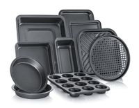 Perlli 10-Piece Non-Stick Bakeware Set, Includes Oven Crisper, Pizza Tray, Roasting, Loaf, Muffin, Square, 2 Round Cake Baking Pans, Large and Medium Nonstick Cookie Sheet Bake Ware for Home Kitchen