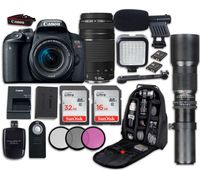 Canon EOS Rebel T7i DSLR Camera with Canon EF-S 18-55mm f/4-5.6 IS STM Lens + Canon EF 75-300mm f/4-5.6 III Lens + 500mm f/8 Preset Lens + LED Light + Microphone + Video Accessory Bundle