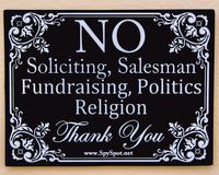 2 Pack - Polite No Soliciting - Vinyl Decal Sign Self Adhesive Heavy Duty Stickers 4" x 3" | Weatherproof UV Resistant | Stylish Design for Home Business Door Window Gate by Spy Spot