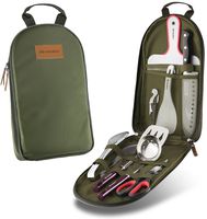 Wealers 7 Piece Outdoor Indoor Camping BBQ Cooking Utensils Set Kitchenware Cookware Set, Cutting Board, Rice Paddle, Tongs, Scissors, Knife, (Green)