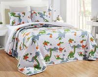 3-Piece Oversize (California) Cal King (118" X 95") Dinosaur Quilt Set Children's Reversible Bedspread Coverlet Queen Size Bed Cover (White, Orange, Green, Grey)