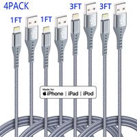 XnewCable 4Pack(1ft 1ft 3ft 3ft) Lightning Cable iPhone Charger Apple MFi Certified Nylon Braided Long Fast USB Cord Compatible for iPhone 11Pro MAX Xs XR X 8 7 6S 6 Plus SE 5S 5C (Light Gray)