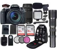Canon EOS 77D DSLR Camera with Canon EF-S 18-135mm f/3.5-5.6 is USM Lens + Canon EF 75-300mm f/4-5.6 III Lens + 500mm f/8 Preset Lens + LED Light + Microphone + Video Accessory Bundle