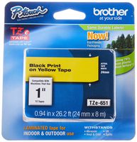 Brother Genuine P-Touch TZE-651 Tape, 1" (24 mm) Standard Laminated P-Touch Tape, Black on Yellow, For Indoor or Outdoor Use, Water-Resistant, 26.2 ft (8 m), Single-Pack