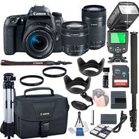Canon EOS 77D with 18-55mm f/4-5.6 is STM + 55-250mm f/4-5.6 is STM + 32GB Memory + Camera Bag + TTL Speed Light + Pro Filters,(23pc Bundle)