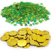 Konsait St Patricks Day Decorations, St.Patrick Shamrocks and Leprechauns Foil Table Confetti (About 400Pcs) &Lucky Shamrock Plastic Coins (40/Pkg) for Saint Patrick Party Decoration Favors Supplies