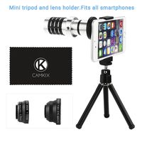CamKix Universal Smart Phone Camera Lens Kit including 12x Telephoto Manual Focus Lens / Fish Eye Lens / 2 in 1 Macro and Wide Angle Lens / Tripod / Lens and Phone Holder / Fits Most Phones