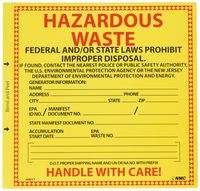 NMC HW17 Hazard Label, Legend"Hazardous Waste New Jersey", 6 Length x 6" Height, Pressure Sensitive Vinyl, Red/Black on Yellow (Pack of 25)