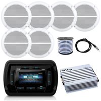 Pyle PATVR14 MP3/MP5 Bluetooth Marine Boat Yacht Stereo Receiver Bundle Combo with 6X Enrock White 6.5'' Inch 200-Watt Stereo Speaker + Radio Antenna + 400 Watt Amplifier + 18G 50-FT Speaker Wire