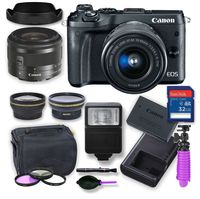 Canon EOS M6 Mirrorless Digital Camera Kit with 15-45 mm Canon Lens + Wide Angle and Telephoto Lens, Digital Remote Flash, Canon Battery, 32 gig Memory Card, 3 Filter Kit, Case, Tripod & Cleaning Kit
