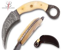 Damascus Karambit Knife Handmade Hunting Knife Double Edge Karambit Tactical Knife Bone Handle with Sheath