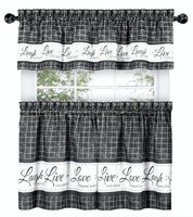 GoodGram Country Gingham Check Live~Laugh~Love 3 Pc. Café Plaid Kitchen Curtain Set - Assorted Colors & Sizes (Charcoal, 36 in. L)