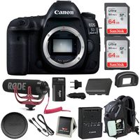 Canon EOS 5D Mark IV Full Frame Digital SLR Camera (Body) Video Bundle with Rode Microphone, 128GB (2X 64GB Memory Cards), Backpack & Double Battery Bundle