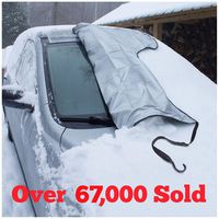 SnowOFF Extra Large Windshield Snow Ice Cover - FIT Any CAR, SUV Truck Van - Windproof Straps, Wings, Suction Cups, Magnets - Bonus Demist Cloth + Blanket - Winter Frost Automotive Hood Covers
