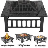 LEMY 32 inch Outdoor Square Metal Firepit Backyard Patio Garden Stove Wood Burning BBQ Fire Pit with Rain Cover, Faux-Stone Finish