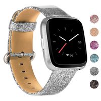 Wearlizer Bling Wide Leather Band Compatible with Fitbit Versa 2/Versa/Versa Lite/Versa SE,Vintage Genuine Soft Replacement Women Large Small Strap(Glitter Silver)