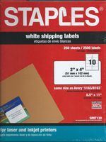 Staples White Inkjet/Laser Shipping Labels 2" x 4", 2,500/Box