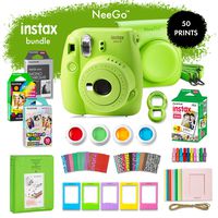 Fujifilm Instax Mini 9 Instant Camera Bundle-Deluxe Kit with NeeGo Case & Accessories + 4 Fun Film Packs-Rainbow, Stained Glass, Monochrome & White 50 Exposures for Instant Creative Photos-Lime Green