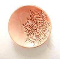 Peach Ring Dish - Handmade Jewelry Bowl - Bohemian/Boho dish with stamped lotus and peach glaze