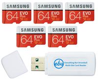 Samsung 64GB Evo Plus MicroSD Card (5 Pack EVO+ Bundle) Class 10 SDXC Memory Card with Adapter (MB-MC64G) with (1) Everything But Stromboli (TM) Micro & SD Card Reader