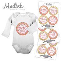 12 Monthly Baby Stickers, Gold Glitter {Faux} & Pink, Girl, Baby Belly Stickers, Monthly Onesie Stickers, First Year Stickers Months 1-12, Chevron, Stripes, Polka Dots, Quatrafoil, Baby Girl