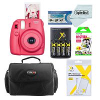 Fujifilm Instax Mini 8 Instant Film Camera (Raspberry) with Fujifilm Instax Mini Instant Film Twin Pack (20 Sheets) + Compact Bag Case + Batteries & Battery Charger