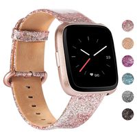 Wearlizer Bling Wide Leather Band Compatible with Fitbit Versa 2/Versa/Versa Lite/Versa SE,Vintage Genuine Soft Replacement Women Large Small Strap(Glitter Pink)
