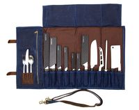 ExecuChef Waxed Canvas Knife Roll | 15 Knife Slots, Card Holder and a Large Zippered Pocket | Genuine Top Grain Leather, Cloth and Brass Buckles | For Professional Chefs and Culinary Students (Blue)