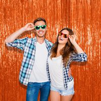 Pack of 4 Orange Sparkling Foil Tinsel 3 x 8 Feet Curtains Photo Booth Fringe Backdrop Decorations Metallic Hanging Door Streamers for Back Drop Halloween Party