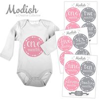 12 Monthly Baby Stickers, Pink & Gray, Girl, Baby Belly Stickers, Monthly Onesie Stickers, First Year Stickers Months 1-12, Pink, Grey, Arrows, Tribal, Baby Girl