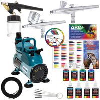 3 Master Airbrush Professional Acrylic Paint Airbrushing System Kit with Powerful Cool Running Air Compressor - 6 U.S. Art Supply Primary Opaque Paint Colors Set - Gravity and Siphon Feed Airbrushes
