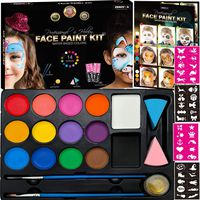 Face Paint Kit for Kids - 14 Professional Face Paints, 40 Jumbo Stencils, 2 Brushes, 2 Sponges, Gold Makeup Loose Glitter - Safe Face and Body Painting Kit for Sensitive Skin, Face Painting Book