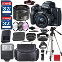 Canon EOS M50 Mirrorless Digital Camera (Black) with 15-45mm Lens + 2 Piece 32GB Memory Cards + Camera Padded Case + Deluxe Accessory Bundle
