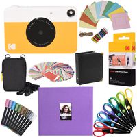 Kodak Printomatic Instant Camera (Yellow) Gift Bundle + Zink Paper (20 Sheets) + 8x8 Cloth Scrapbook + Case + 6 Edged Scissors + 100 Sticker Border Frames + Markers + Hanging Frames + Album
