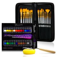 Acrylic Paint Brush Set with 15 Premium Artist Brushes and Bonus 24 Color Acrylic Paint - Ultimate Kit for Canvas, Wood, Ceramic, Fabric (Acrylic Paint Set)