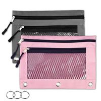 Binder Pencil Pouches-2 Pack 3 Ring Pencil Pouch with Zipper Pulls Double Pockets Pencil Case with Clear and Mesh Window (2 Pieces, Pink and Grey)